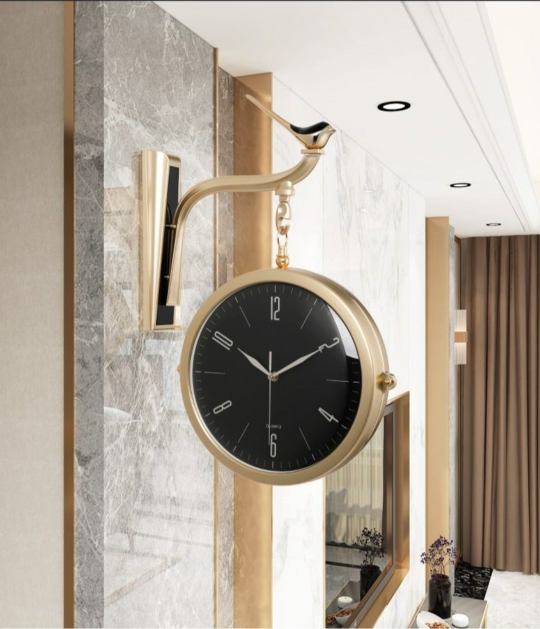 FunkyTradition Luxury Look Sparrow Golden Green and Black Round Wall Hanging Double Sided 2 Faces Retro Station Wall Clock