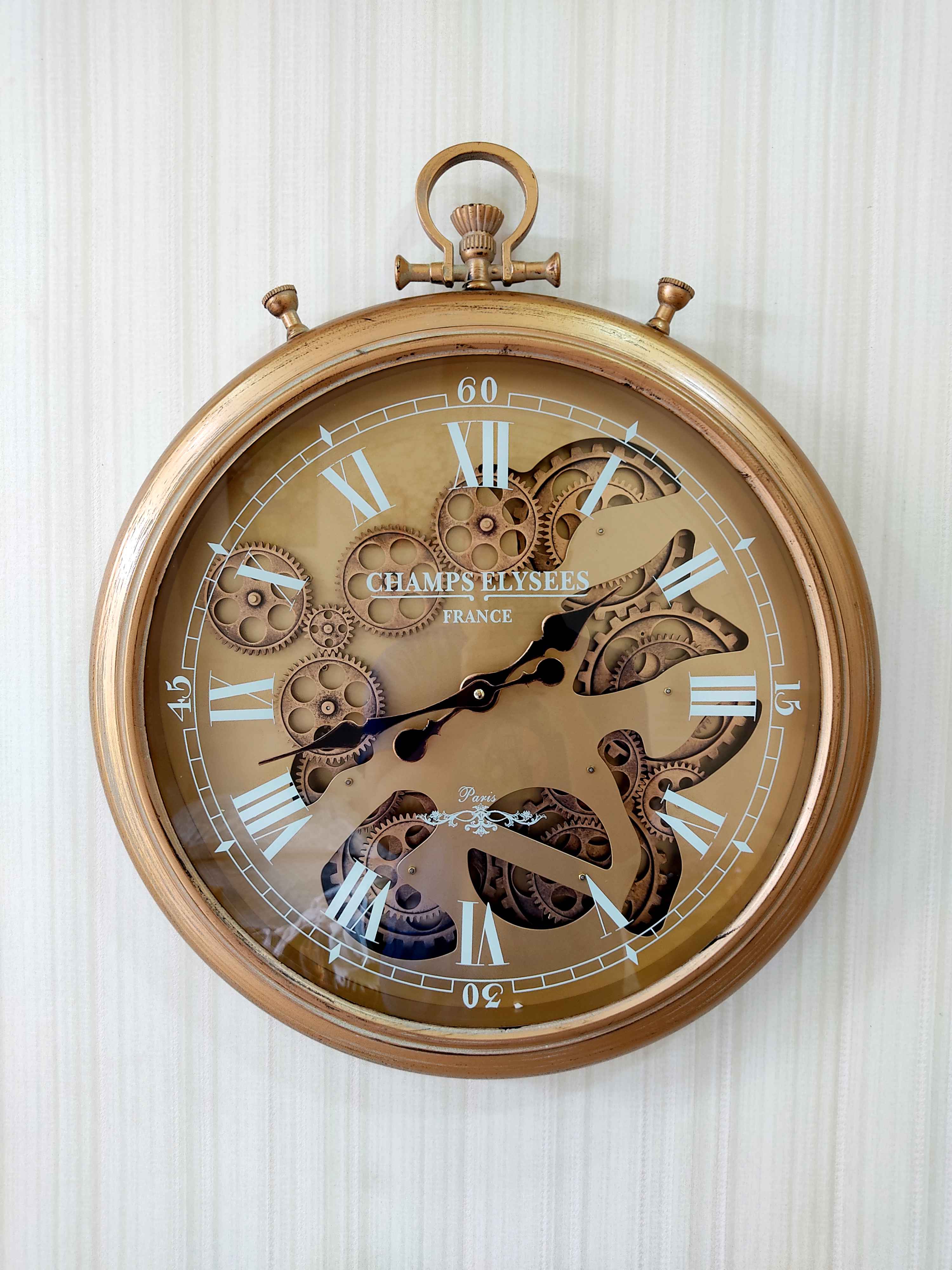 FunkyTradition Royal Retro Style Metal Wall Clock with Glass Frame and Moving Gear Chronograph Working Wall Watch 65 CM Tall