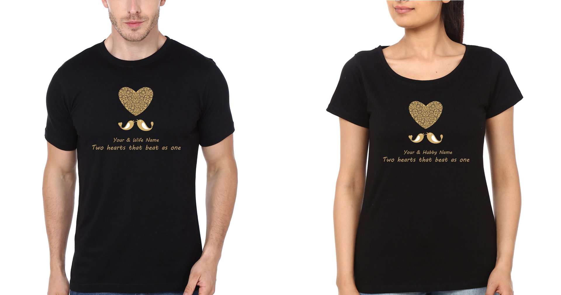 Two Hearts Couple Half Sleeves T-Shirts -FunkyTradition