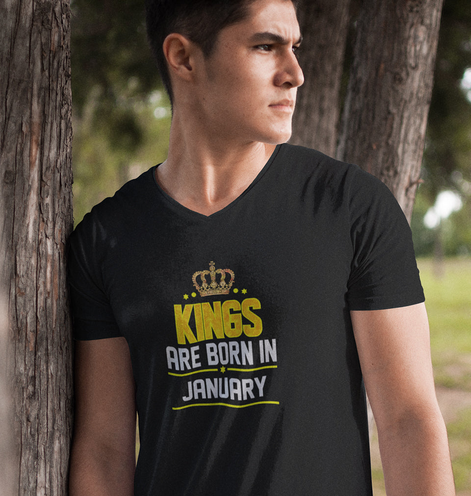 Kings Are Born In January V-Neck Half Sleeves T-shirt For Men-FunkyTradition