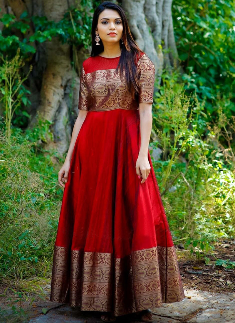 Pleasance Tomato Red Colored Festive Wear Weaving Jacquard Silk Gown-FunkyTradition