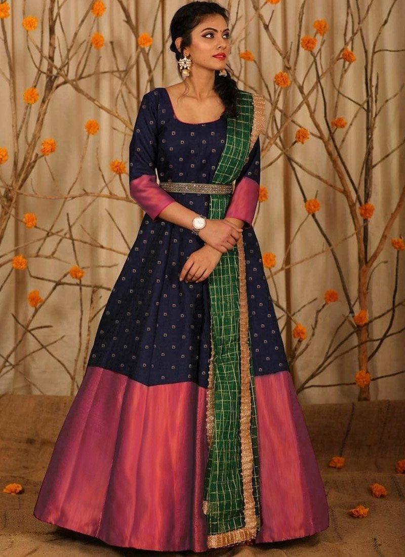 Adorable Designer Wear Blue Satin Silk Anarkali Gown With Silk Chanderi Dupatta-FunkyTradition - FunkyTradition