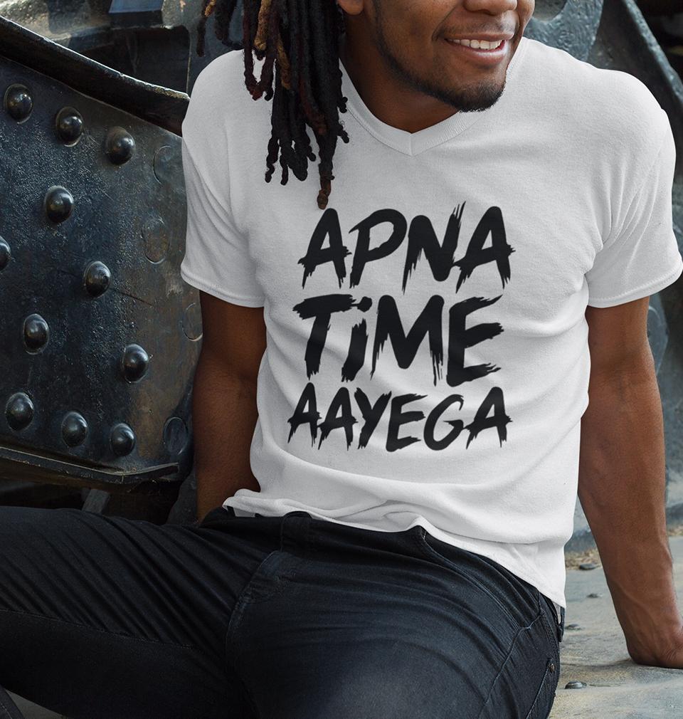Apna Time Aayega V-Neck Half Sleeves T-shirt For Men-FunkyTradition - FunkyTradition