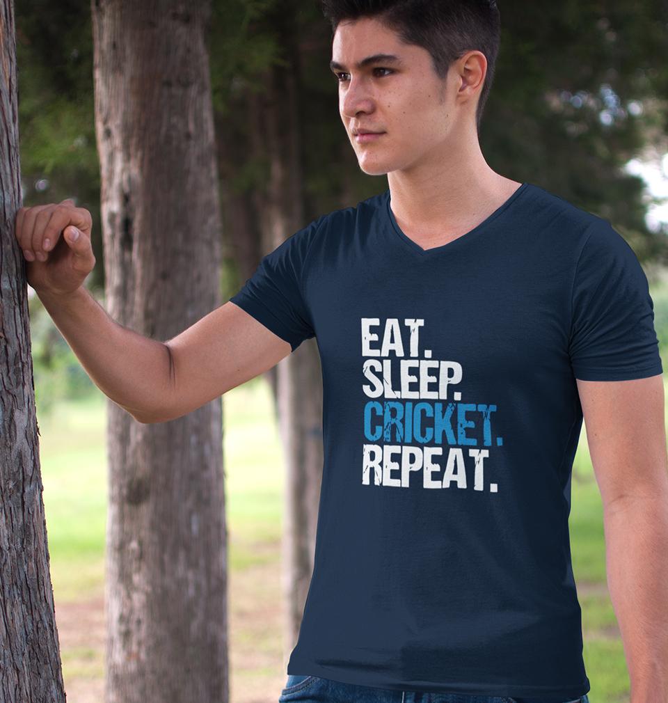 CRICKET Eat Sleep Cricket Repeat V-Neck Half Sleeves T-shirt For Men-FunkyTradition - FunkyTradition