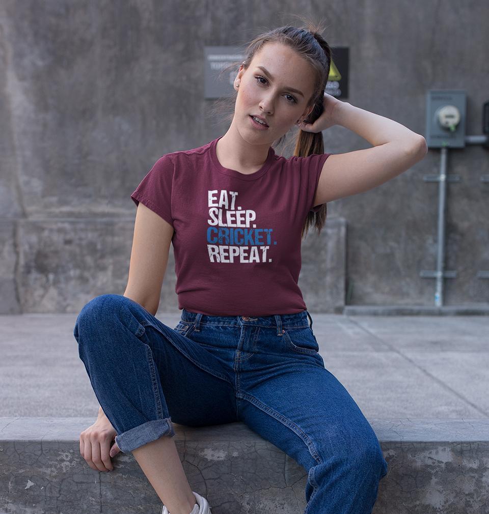 CRICKET Eat Sleep Cricket Repeat Womens Half Sleeves T-Shirts-FunkyTradition - FunkyTradition