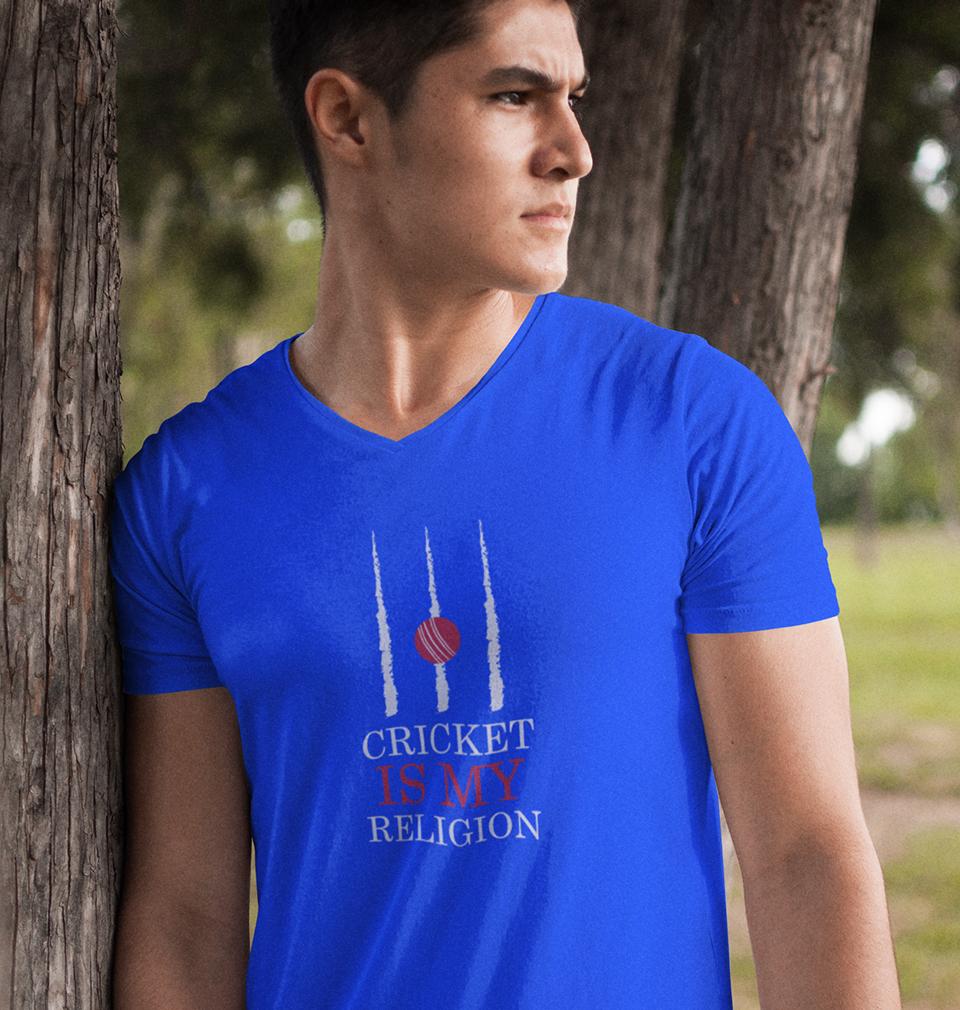 Cricket Is My Religion V-Neck Half Sleeves T-shirt For Men-FunkyTradition - FunkyTradition
