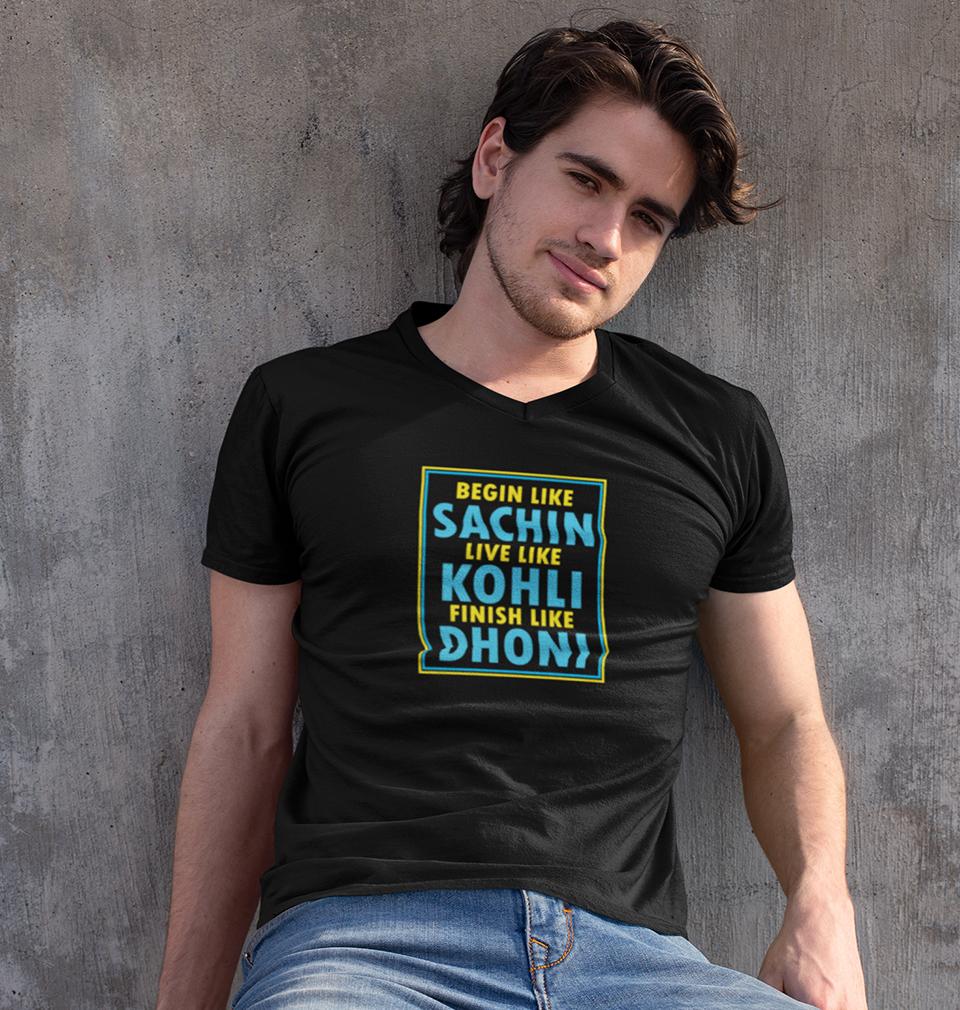 CRICKET Sachin Kohli Dhoni V-Neck Half Sleeves T-shirt For Men-FunkyTradition - FunkyTradition