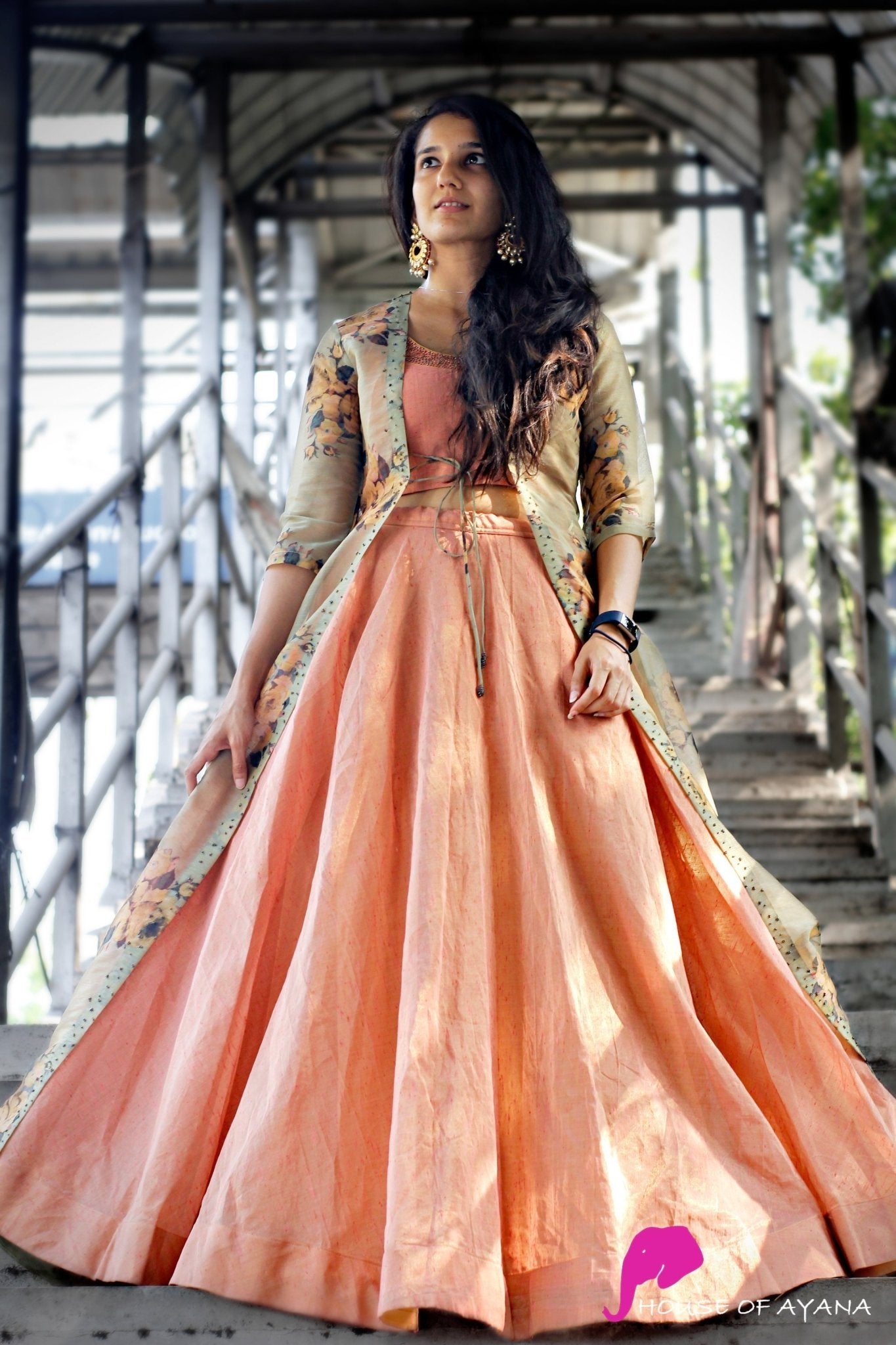 Designer Peach Party Wear Lahenga Choli Along With Tissue Silk Floral Printed Shrugs-FunkyTradition - FunkyTradition