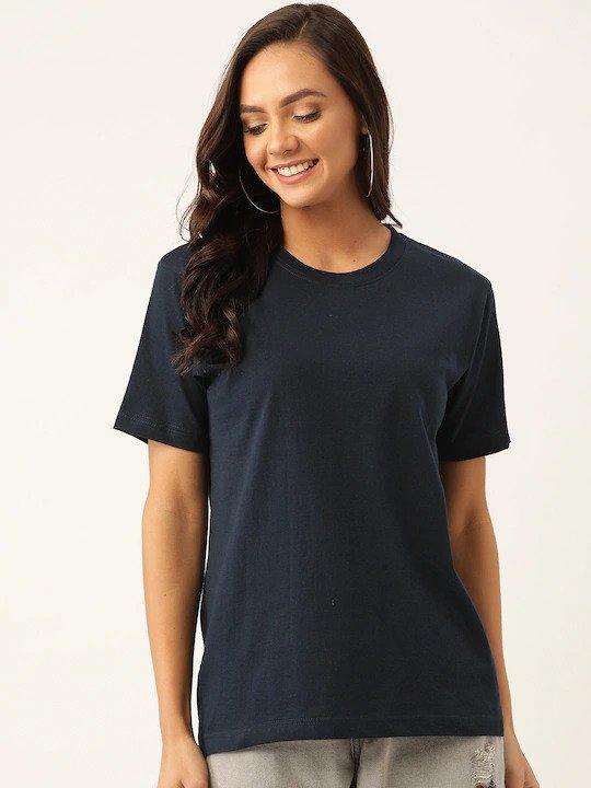 Plain Navy Blue Women Half Sleeves T-shirt- FunkyTradition