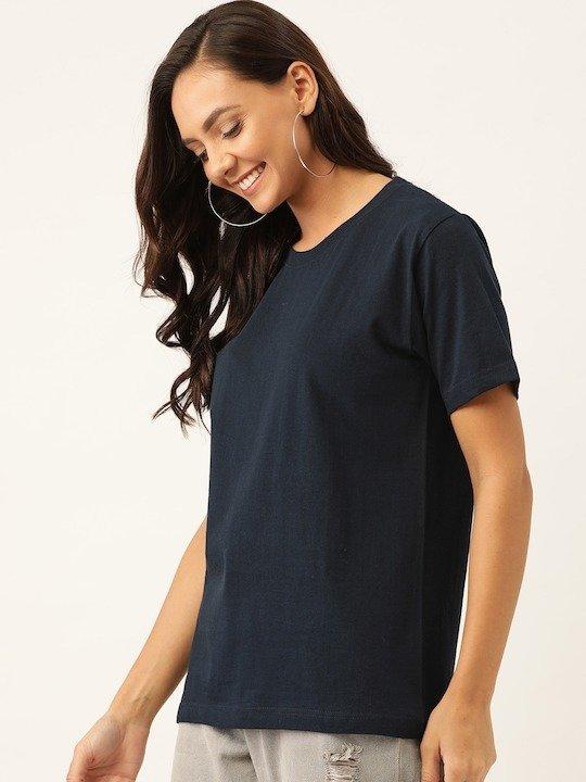 Plain Navy Blue Women Half Sleeves T-shirt- FunkyTradition