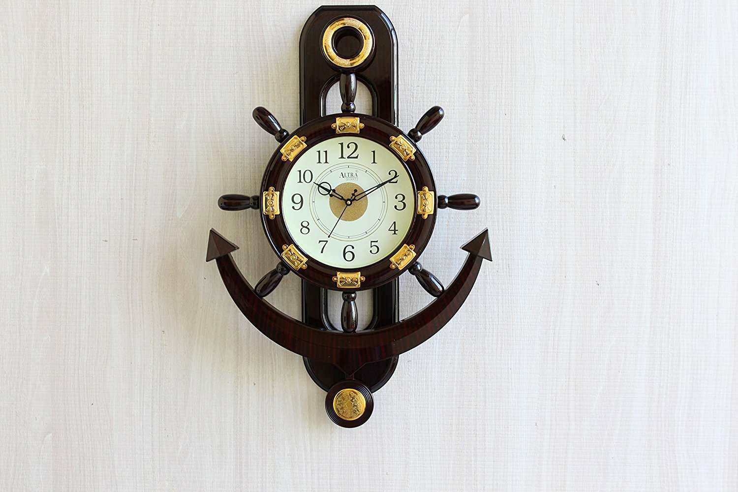 FunkyTradition Big Decorative Retro Anchor Ship Steering Shape Plastic Pendulum Wall Clock for Home Office Decor and Gifts 67 CM Tall - FunkyTradition