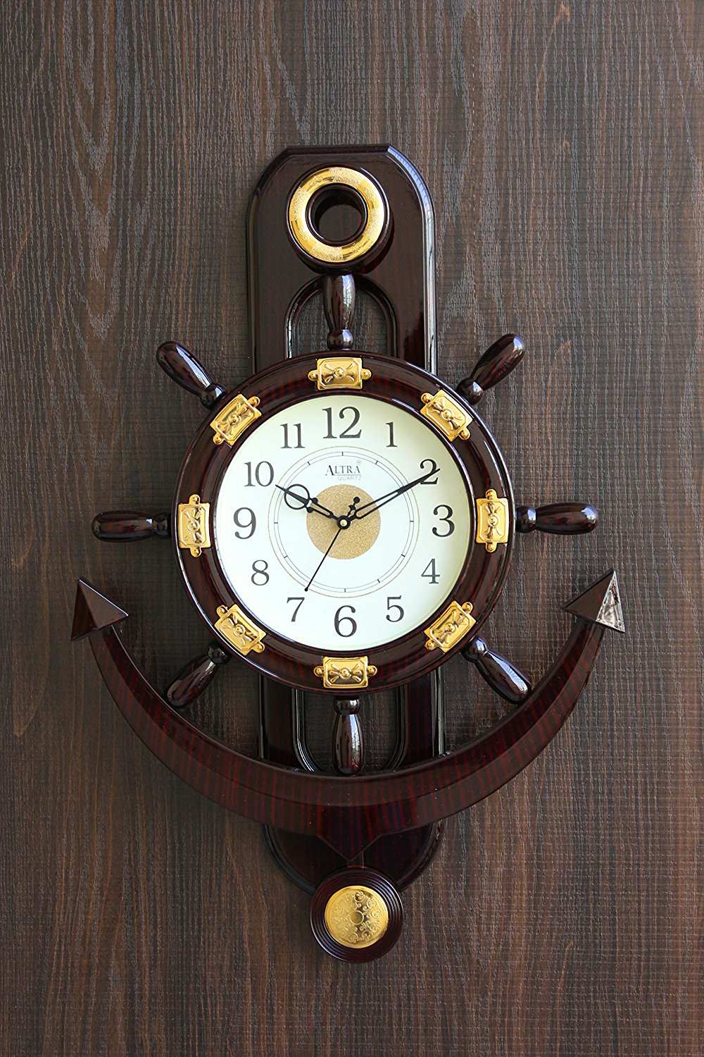 FunkyTradition Big Decorative Retro Anchor Ship Steering Shape Plastic Pendulum Wall Clock for Home Office Decor and Gifts 67 CM Tall - FunkyTradition