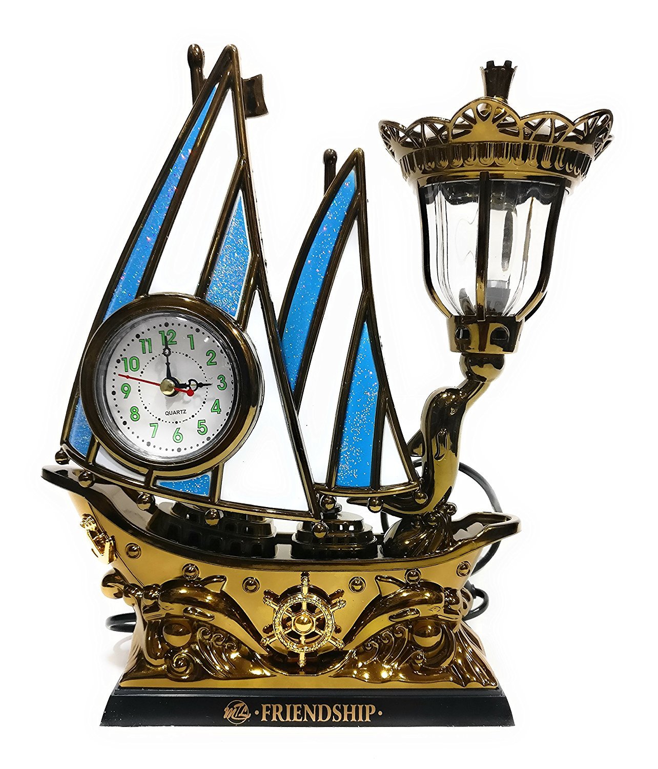 FunkyTradition Blue Golden Flag Vintage Pirates Ship Table Lamp with Alarm Clock for Christmas, Anniversary, Birthday Gift, Home and Office Decor - FunkyTradition