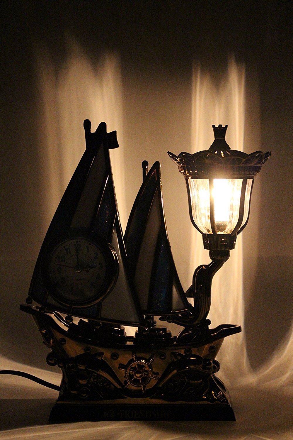 FunkyTradition Blue Golden Flag Vintage Pirates Ship Table Lamp with Alarm Clock for Christmas, Anniversary, Birthday Gift, Home and Office Decor - FunkyTradition