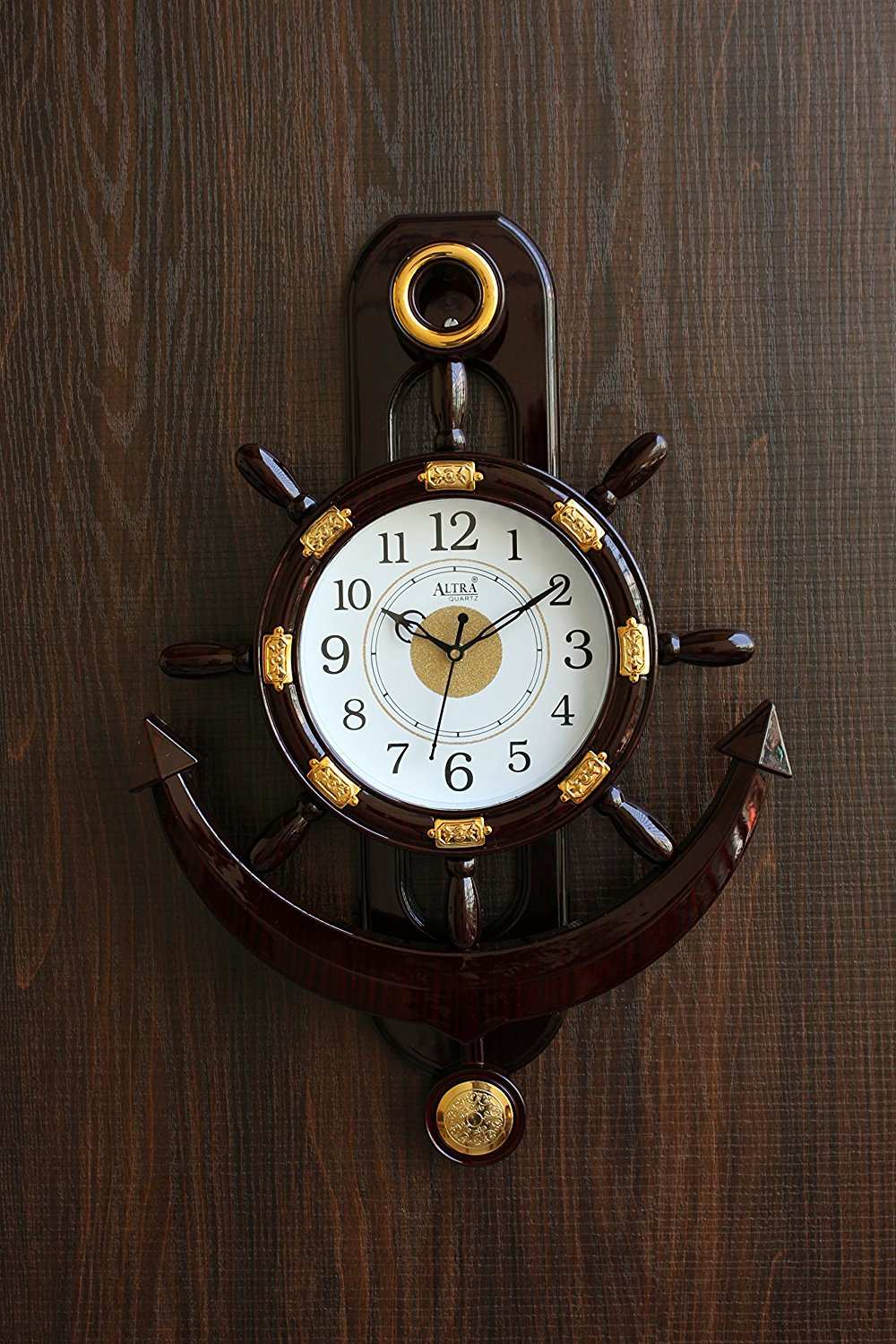 FunkyTradition Decorative Big Retro Anchor Ship Steering Shape Plastic Pendulum Wall Clock for Home Office Decor and Gifts 55 CM Tall - FunkyTradition