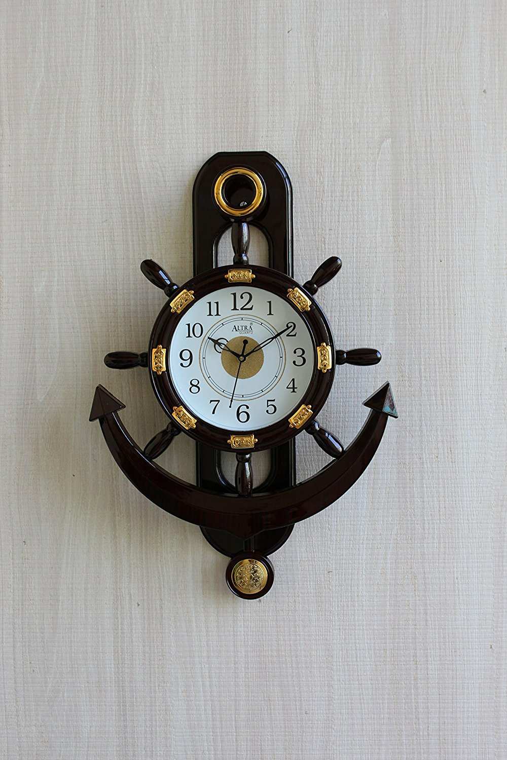 FunkyTradition Decorative Big Retro Anchor Ship Steering Shape Plastic Pendulum Wall Clock for Home Office Decor and Gifts 55 CM Tall - FunkyTradition