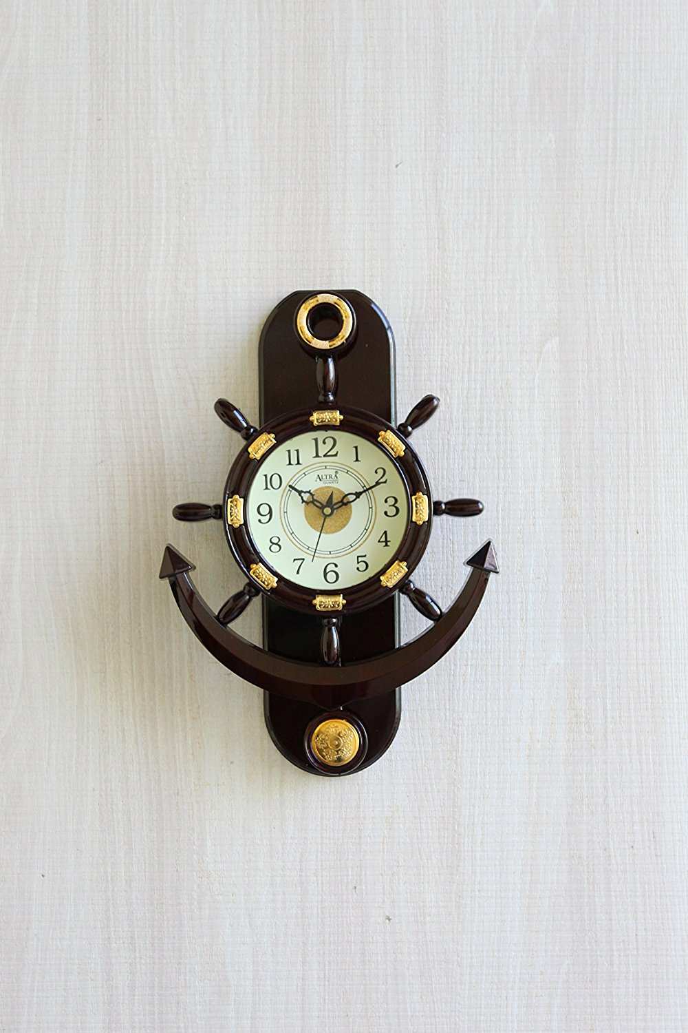 FunkyTradition Decorative Retro Anchor Ship Steering Shape Plastic Pendulum Wall Clock for Home Office Decor and Gifts 40 CM Tall - FunkyTradition