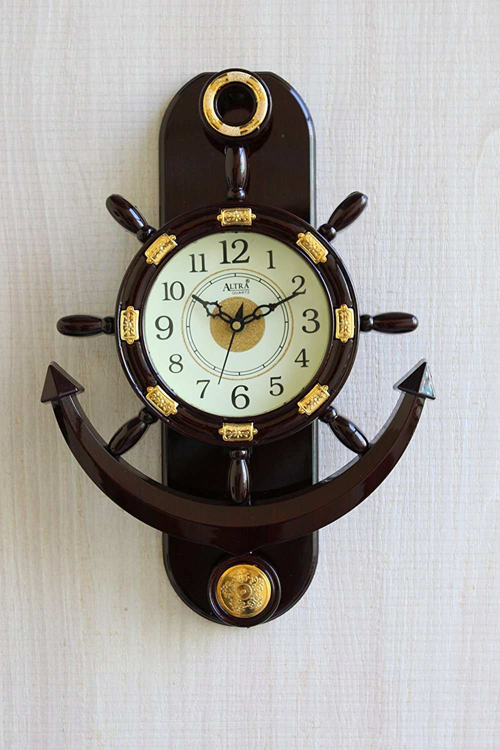 FunkyTradition Decorative Retro Anchor Ship Steering Shape Plastic Pendulum Wall Clock for Home Office Decor and Gifts 40 CM Tall - FunkyTradition