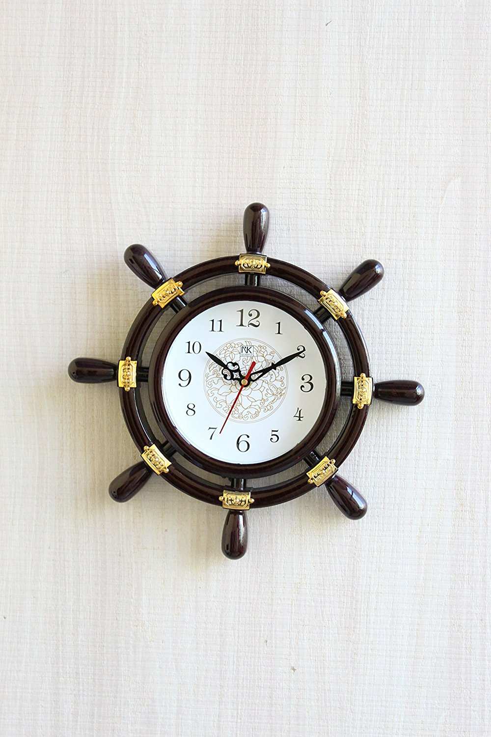 FunkyTradition Decorative Retro Round Ship Steering Shape Plastic Pendulum Wall Clock for Home Office Decor and Gifts 32 CM Tall - FunkyTradition