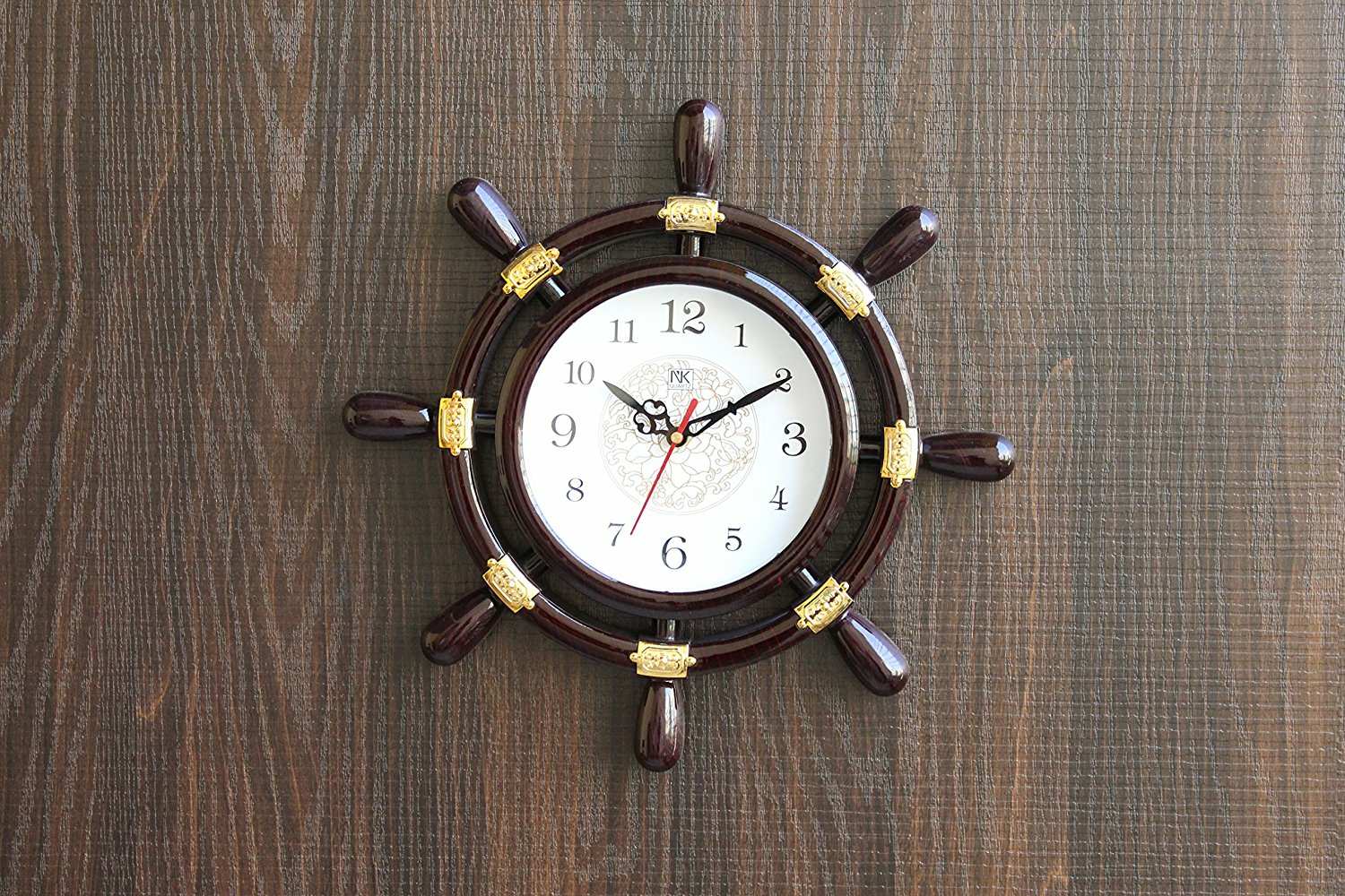 FunkyTradition Decorative Retro Round Ship Steering Shape Plastic Pendulum Wall Clock for Home Office Decor and Gifts 32 CM Tall - FunkyTradition