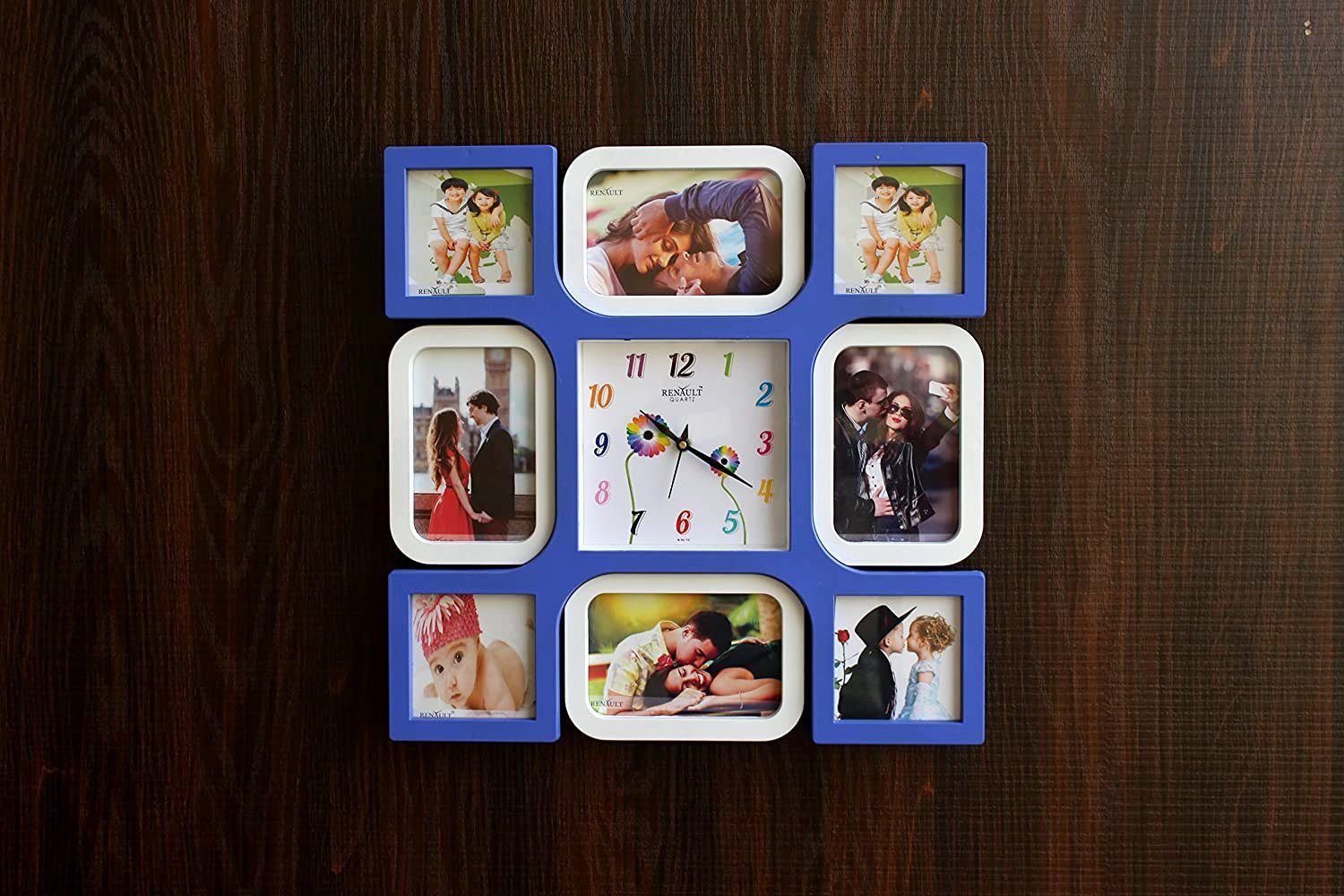FunkyTradition Designer Blue White Love and Family Photo Frames for 8 Photos with Clock for Home Office Decor and Anniversary Valentines Birthday Housewarming Gifts 42 CM Wide - FunkyTradition
