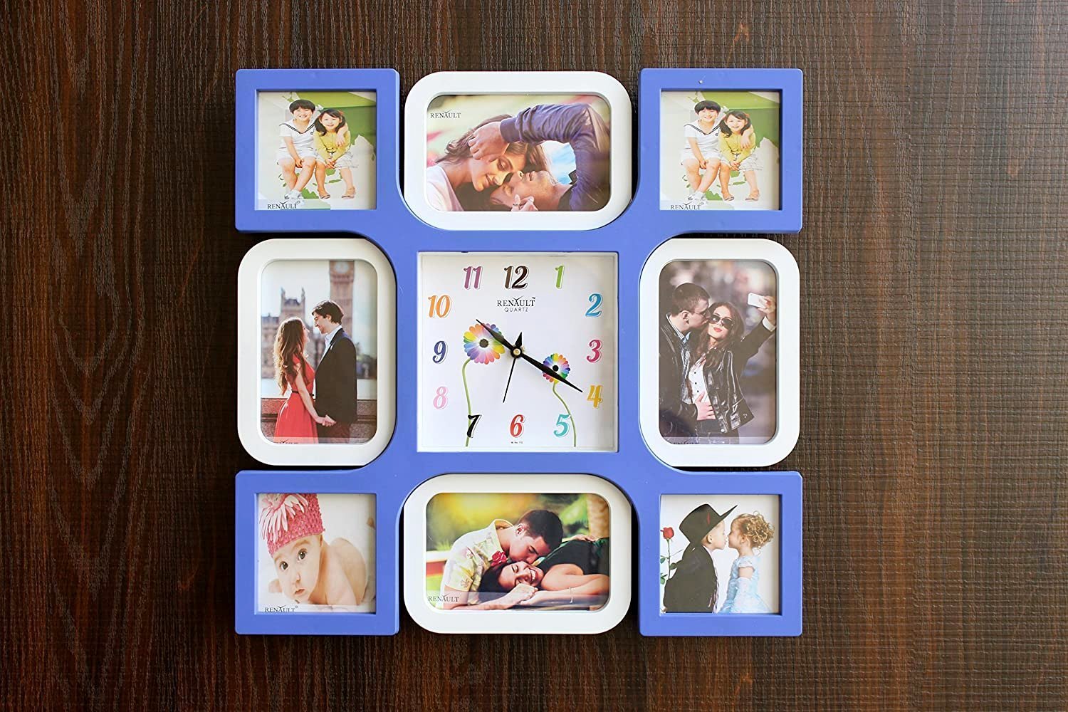 FunkyTradition Designer Blue White Love and Family Photo Frames for 8 Photos with Clock for Home Office Decor and Anniversary Valentines Birthday Housewarming Gifts 42 CM Wide - FunkyTradition