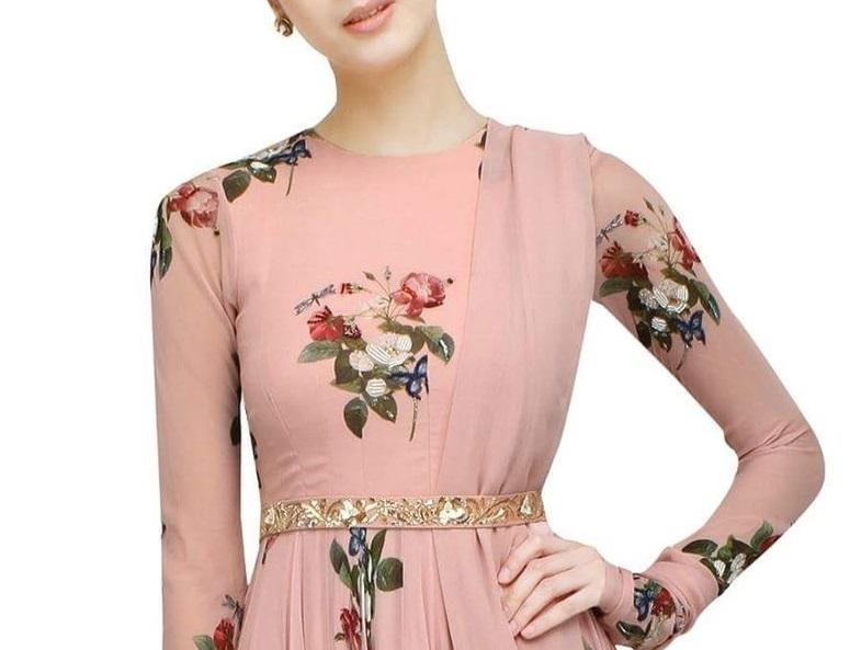 FunkyTradition Floral Peach Designer Wear Digital Floral Printed Gown - FunkyTradition