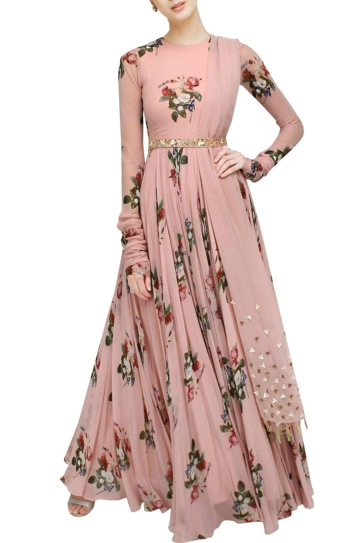 FunkyTradition Floral Peach Designer Wear Digital Floral Printed Gown - FunkyTradition