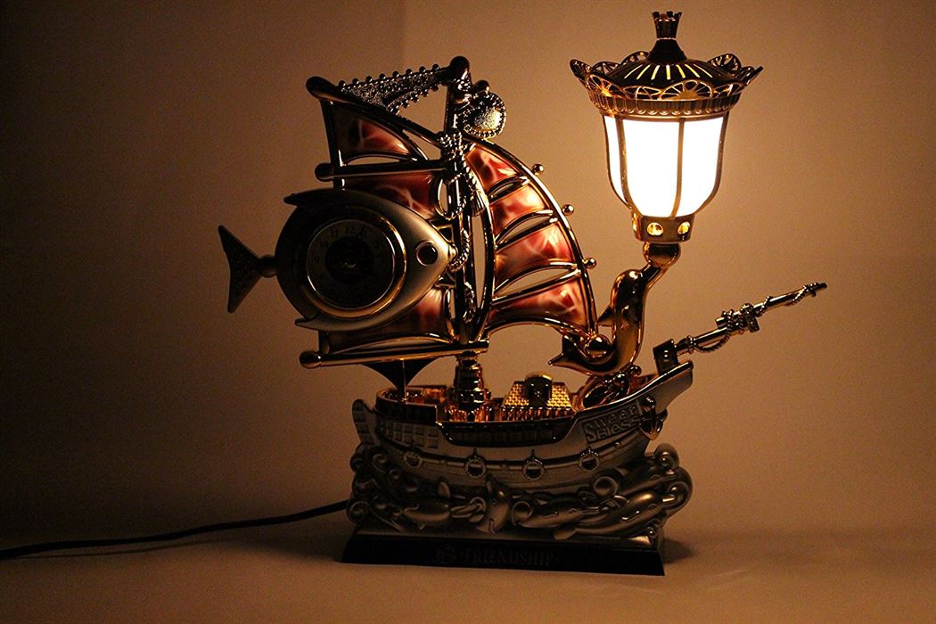 FunkyTradition Pink Golden Fish Vintage Pirates Ship Table Lamp with Alarm Clock for Christmas, Anniversary, Birthday Gift, Home and Office Decor - FunkyTradition