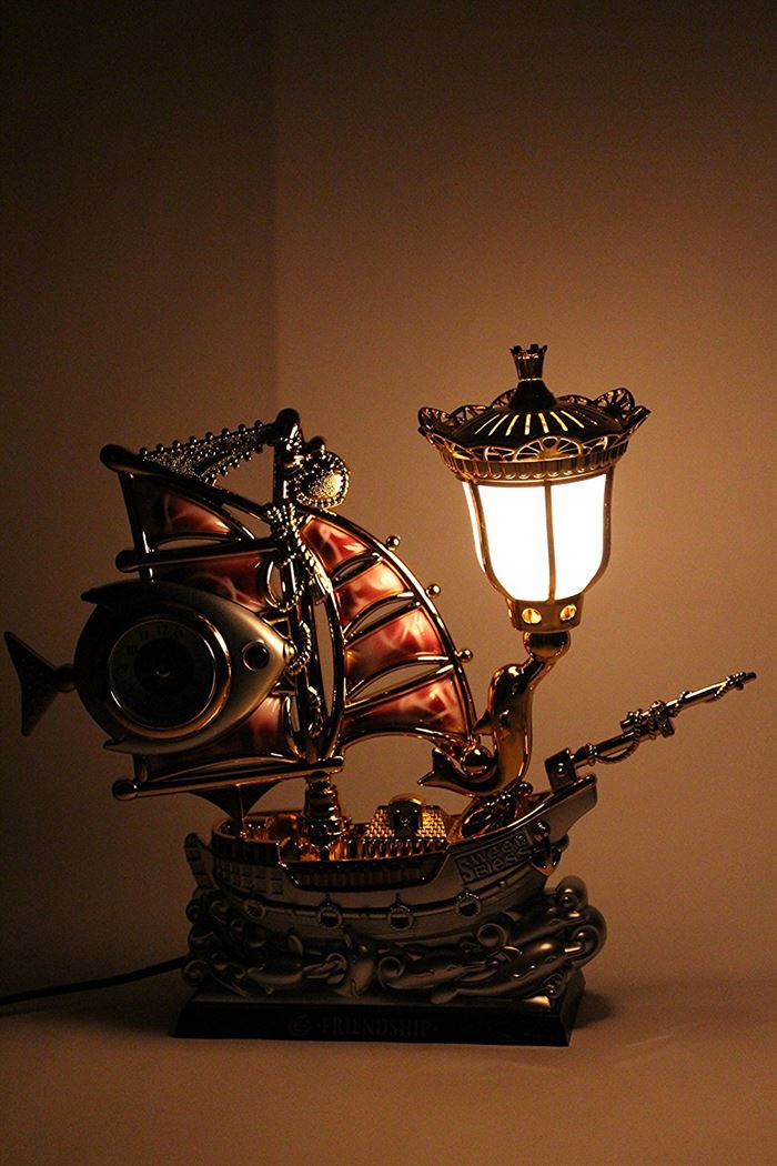 FunkyTradition Pink Golden Fish Vintage Pirates Ship Table Lamp with Alarm Clock for Christmas, Anniversary, Birthday Gift, Home and Office Decor - FunkyTradition