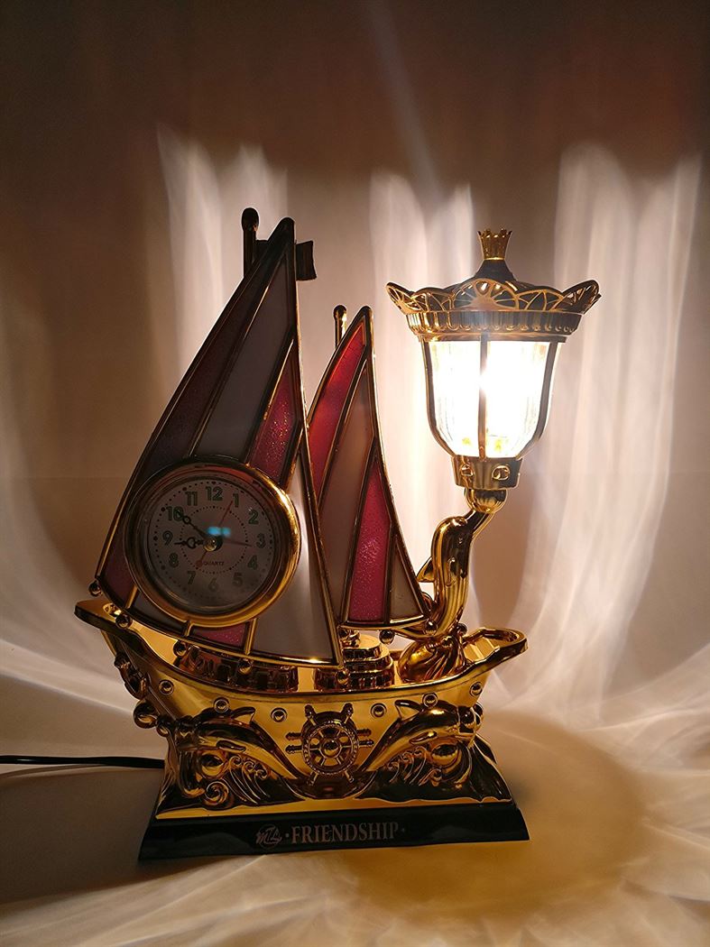 FunkyTradition Pink Golden Flag Vintage Pirates Ship Table Lamp with Alarm Clock for Christmas, Anniversary, Birthday Gift, Home and Office Decor - FunkyTradition