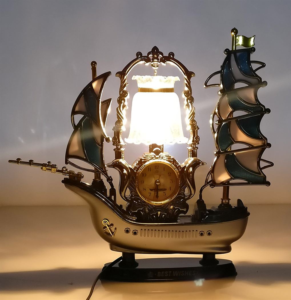 FunkyTradition Vintage Pirates Ship Table Lamp with Alarm Clock for Christmas, Anniversary, Birthday Gift, Home and Office Decor - FunkyTradition