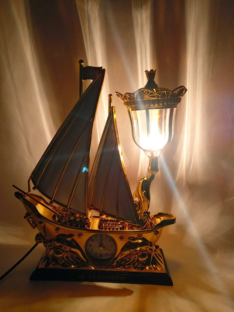 FunkyTradition White Golden Flag Vintage Pirates Ship Table Lamp with Alarm Clock for Christmas, Anniversary, Birthday Gift, Home and Office Decor - FunkyTradition