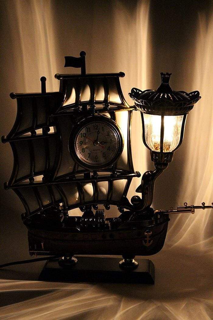 FunkyTradition White Metallic Gold Vintage Pirates Ship Table Lamp with Alarm Clock for Christmas, Anniversary, Birthday Gift, Home and Office Decor - FunkyTradition