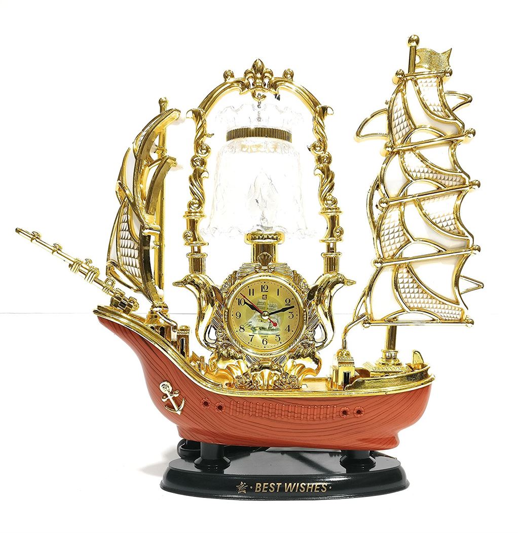 FunkyTradition Yellow Golden Dragon Vintage Pirates Ship Table Lamp with Alarm Clock for Christmas, Anniversary, Birthday Gift, Home and Office Decor - FunkyTradition