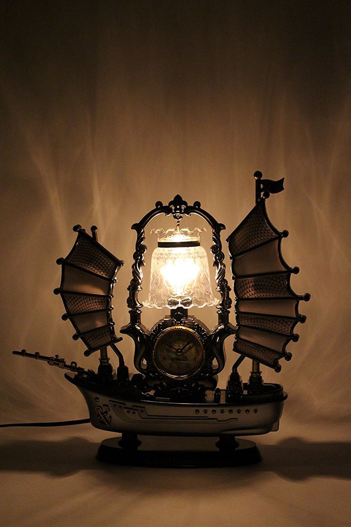 FunkyTradition Yellow Mettalic Dragon Sailboat Vintage Pirates Ship Table Lamp with Alarm Clock for Christmas, Anniversary, Birthday Gift, Home and Office Decor - FunkyTradition