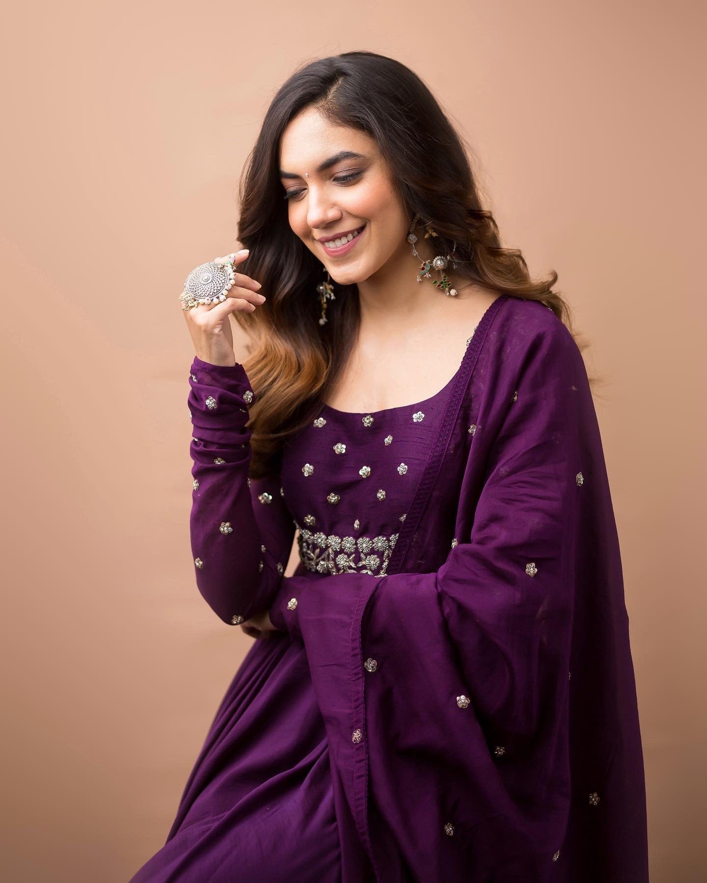 Beautiful Purple Colored Partywear Embroidered Work Stitched Georgette Floor Touch Gown with Dupatta-FunkyTradition