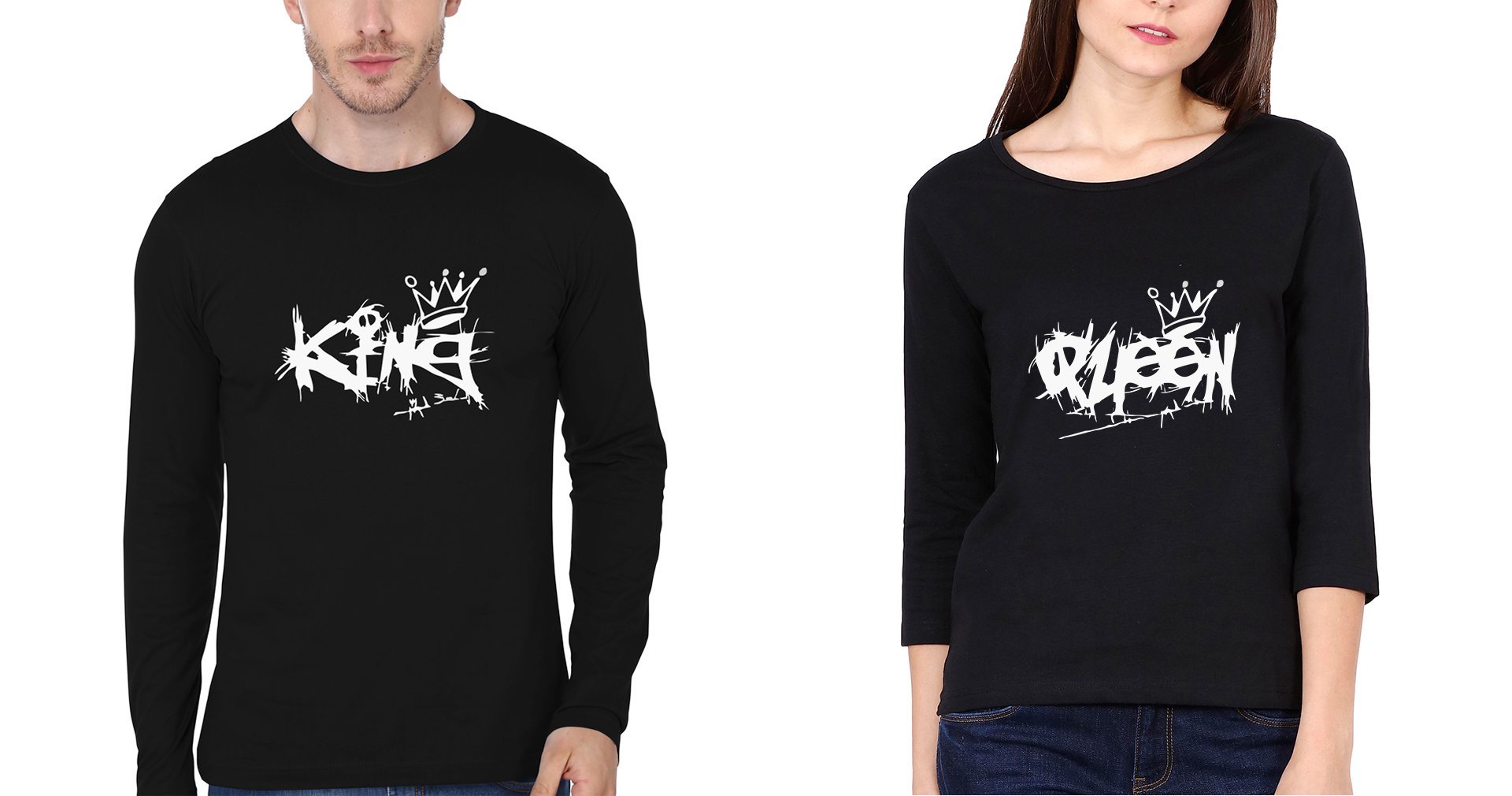 King Queen Couple Full Sleeves T-Shirts -FunkyTradition - FunkyTradition