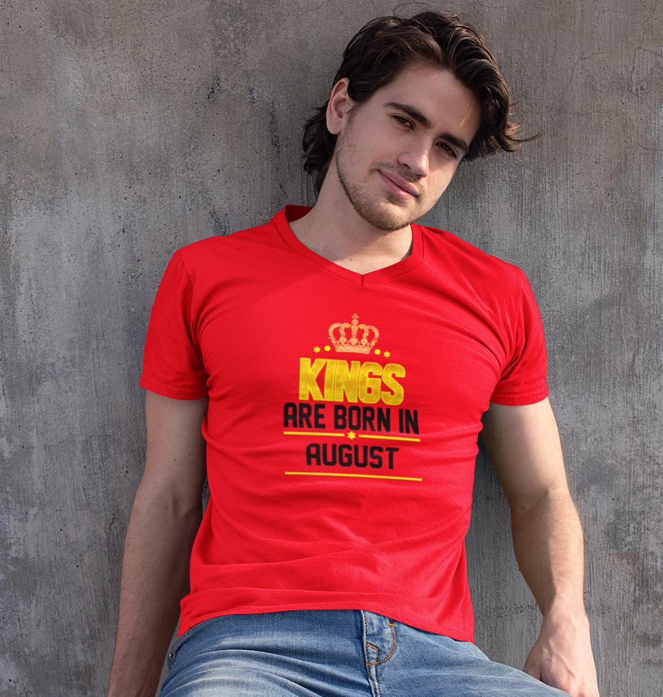 Kings Are Born In August V-Neck Half Sleeves T-shirt For Men-FunkyTradition - FunkyTradition