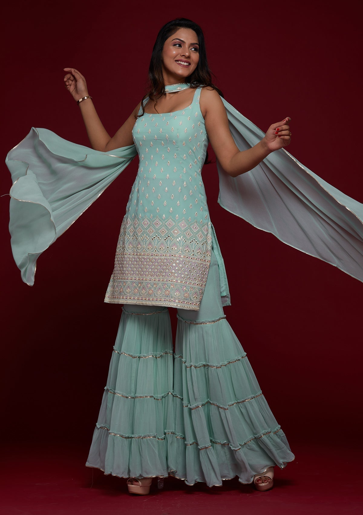 Sky Blue Gotapatti Georgette Designer Salwar Suit Sharara Garara - FunkyTradition