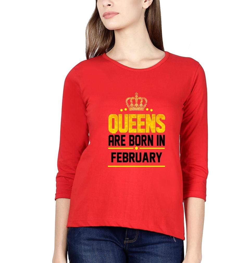 Queens Are  Born In February Womens Full Sleeves T-Shirts-FunkyTradition Half Sleeves T-Shirt FunkyTradition