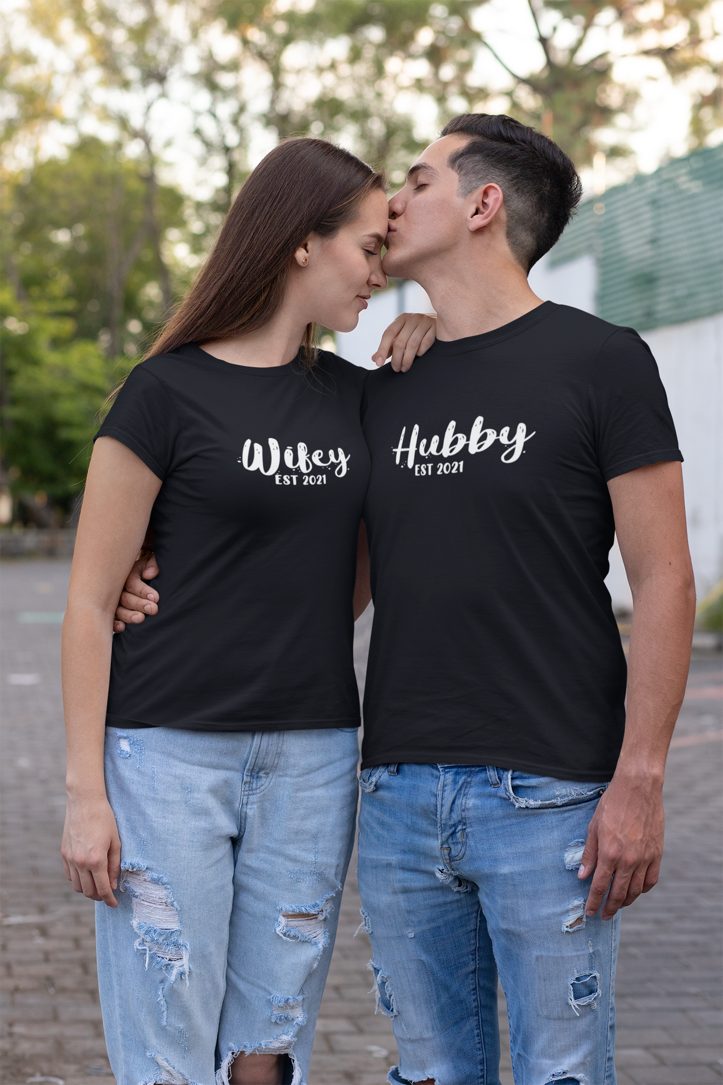 Hubby Wifey Est 2021 Couple Half Sleeves T-Shirts -FunkyTradition